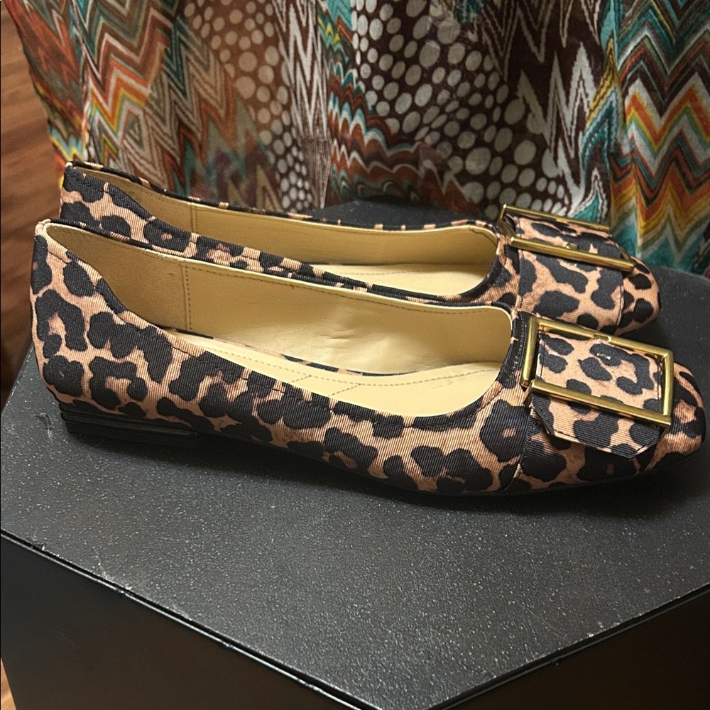 Franco Sarto Leopard Print Flats with Gold Buckle - Picture 4 of 7